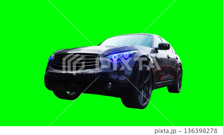 Luxury black sport suv, car driving fast. realistic dynamic reflections on the car body. green screen isolate. 3d rendering. Luxury black sport suv, car driving fast. realistic dynamic reflections on the car body. green screen isolate. 3d rendering. 136398278