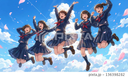青空と桜の下でジャンプするセーラー服の女子高生5人組 136398282