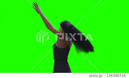 A woman with hair blowing in the wind . realistic dynamic . green screen isolate. 3d rendering. 136398316