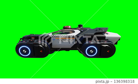 Futuristic cyber police flying car. realistic dynamic reflections on the car body. green screen isolate. 3d rendering. Futuristic cyber police flying car. realistic dynamic reflections on the car body. green screen isolate. 3d rendering. 136398318