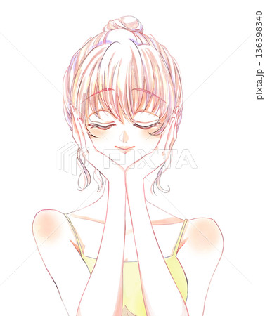 お団子頭の女性　目を閉じる　顔に手　キャミソール 136398340