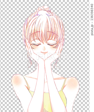 梳著髮髻、閉著眼睛、雙手摀臉、身穿吊帶背心的女子 136398340