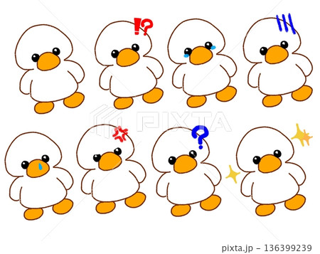 可愛いアヒルのキャラクター ゆるい手書き風の動物イラスト 8種類の喜怒哀楽 可愛いアヒルのキャラクター ゆるい手書き風の動物イラスト 8種類の喜怒哀楽 136399239
