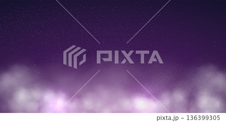 Star universe night purple blue sky with shining stars, cosmic dust and white clouds in the bottom. Magic universe background. Fantasy sky backdrop. Realistic vector Illustration 136399305