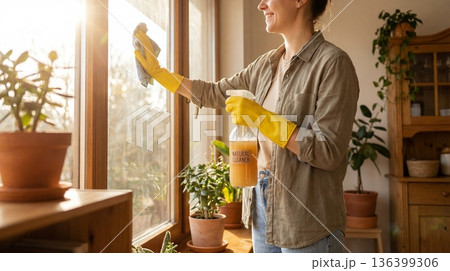 Smiling woman cleans window with natural cleaner spray and cloth in sunny room with plants. Scene conveys eco-friendly housekeeping and spring cleaning mood. Perfect for lifestyle blogs. 136399306
