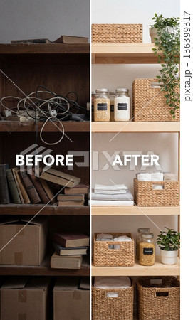Comparison of messy and organized wooden...のイラスト素材 [136399317] - PIXTA