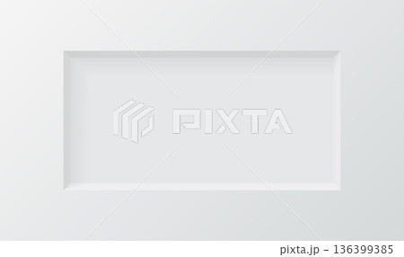 3d wall niche. Empty white rectangle shelf. Rectangular horizontal inside frame. Display stand, showcase mockup. Showroom, gallery, studio or shop product presentation. Realistic vector illustration 136399385