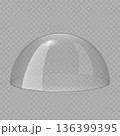 Glass dome, transparent ball, clear plastic cover. Empty glass protection case for product display. Force field shield bubble. Christmas snow globe. 3D realistic vector isolated on transparent 136399395