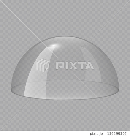Glass dome, transparent ball, clear plastic cover. Empty glass protection case for product display. Force field shield bubble. Christmas snow globe. 3D realistic vector isolated on transparent 136399395