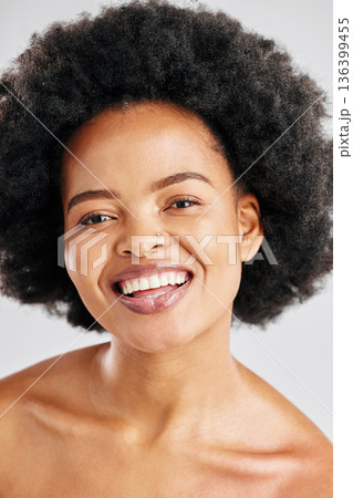 Portrait, happy black woman and face for skincare, aesthetic glow and dermatology on white background. Female model, natural beauty and afro hair in studio for shine, healthy facial cosmetic or smile 136399455