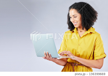 Studio laptop, smile and woman reading blog story, online shopping discount or research sales deal, info or promo. Social media, app post and person happy for email communication on white background Studio laptop, smile and woman reading blog story, online shopping discount or research sales deal, info or promo. Social media, app post and person happy for email communication on white background 136399669