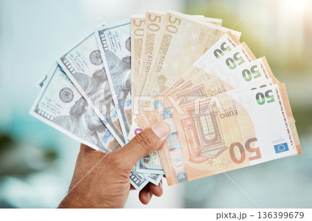 Cash in hand and dollars or euros from winning lottery, prize or bonus with interest, profit or investment of savings in bank. Finance, winner and money notes or lotto, award from cashback and credit 136399679