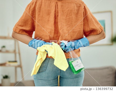 Back, woman and cleaning in home with bottle, cloth and disinfection of dirt, bacteria or dust. Closeup of hands of female person ready for housekeeping with chemical spray, detergent product or task Back, woman and cleaning in home with bottle, cloth and disinfection of dirt, bacteria or dust. Closeup of hands of female person ready for housekeeping with chemical spray, detergent product or task 136399732