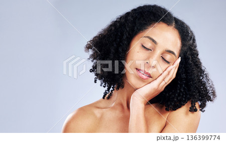 Face, skincare and woman touch for beauty in studio isolated on a white background mockup space. Natural, cosmetics and African model with spa facial treatment for aesthetic, wellness or healthy skin Face, skincare and woman touch for beauty in studio isolated on a white background mockup space. Natural, cosmetics and African model with spa facial treatment for aesthetic, wellness or healthy skin 136399774