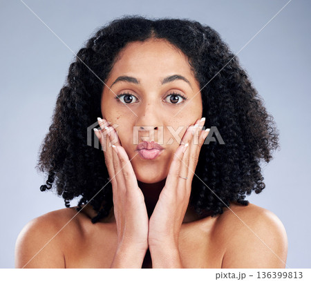 Woman, skincare and touching face for beauty in studio isolated on a white background. Natural cosmetic, portrait and African model with spa facial treatment for aesthetic, wellness or dermatology Woman, skincare and touching face for beauty in studio isolated on a white background. Natural cosmetic, portrait and African model with spa facial treatment for aesthetic, wellness or dermatology 136399813