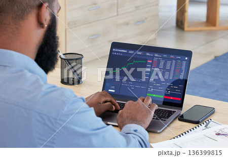 Laptop, finance and stock market with a man broker working in his office for trading investment or growth. Computer, financial and economy with a male trader banking or accounting in the workplace Laptop, finance and stock market with a man broker working in his office for trading investment or growth. Computer, financial and economy with a male trader banking or accounting in the workplace 136399815