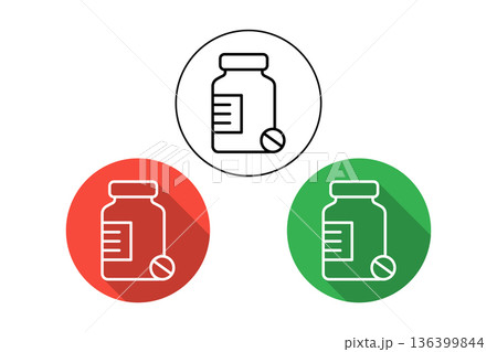 Medicine Bottle Icon Set in Circular Badges with Long Shadow Design for Health and Pharmacy Concepts. Medicine Bottle Icon Set in Circular Badges with Long Shadow Design for Health and Pharmacy Concepts. 136399844
