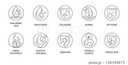 Skincare Active Ingredients Line Icons Set. Hyaluronic Acid, Retinol, Vitamin Care, SPF, Peptides, Antioxidants in a vector illustration Skincare Active Ingredients Line Icons Set. Hyaluronic Acid, Retinol, Vitamin Care, SPF, Peptides, Antioxidants in a vector illustration 136399873