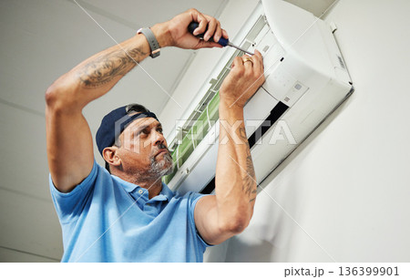 Maintenance, ac repair and air conditioner with man and screwdriver for electrician, ventilation and power. Engineering, electricity and inspection with technician and tools for fan and contractor 136399901