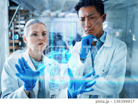 Medical science, team and thinking with overlay of data hologram, information and brainstorming innovation. Scientist ideas, man and woman with holographic info, study results or problem solving. 136399917