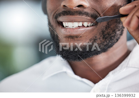 Mouth, man consulting for telemarketing in call center, customer service and advisory help of CRM questions. Closeup face of salesman, microphone and communication for telecom support, FAQ or contact 136399932