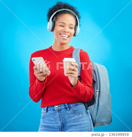 Phone music, student or happy woman listening to education podcast, streaming radio or audio sound. Headphones song, cellphone or gen z person on coffee break from college learning on blue background 136399959