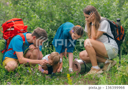 A family happily enjoying a picturesque nature hike, discovering various plants and wildlife together 136399966