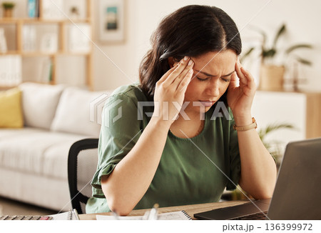 Woman, burnout and headache with laptop and remote work stress at a desk feeling frustrated. House, female person and confused from computer problem with learning anxiety from online website project 136399972