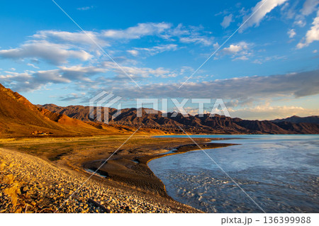 Picturesque mountain landscape at Bartogay Lake, a reservoir in the Almaty Region of nature Kazakhstan at the base of the Sogety Plateau. Picturesque mountain landscape at Bartogay Lake, a reservoir in the Almaty Region of nature Kazakhstan at the base of the Sogety Plateau. 136399988