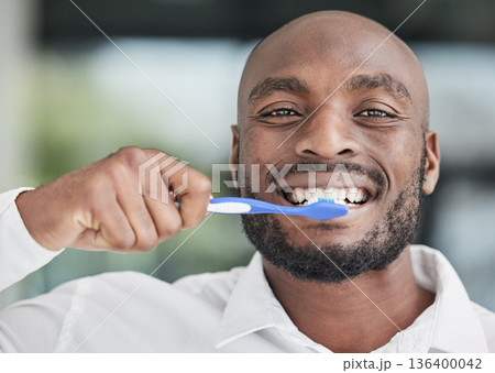 Black man, face and brushing teeth with toothbrush, dental and health, hygiene and grooming. African male person, portrait and toothpaste with oral care, orthodontics and routine with fresh breath 136400042