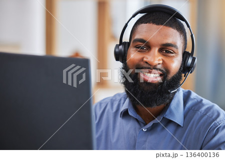 Consultant portrait, man and call center, communication or technical support for e commerce or customer service. Face of agent, web IT advisor or african person helping or online solution on computer Consultant portrait, man and call center, communication or technical support for e commerce or customer service. Face of agent, web IT advisor or african person helping or online solution on computer 136400136