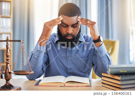 Black man, lawyer and stress of headache in office with worry, pain and frustrated with challenge of court case in law firm. Confused advocate, tired attorney and fatigue from legal research analysis Black man, lawyer and stress of headache in office with worry, pain and frustrated with challenge of court case in law firm. Confused advocate, tired attorney and fatigue from legal research analysis 136400161