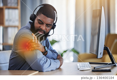 Call center, customer support and black man with shoulder pain, muscle strain and injury at desk. Telemarketing, business and male consultant with inflammation for communication, crm help and contact Call center, customer support and black man with shoulder pain, muscle strain and injury at desk. Telemarketing, business and male consultant with inflammation for communication, crm help and contact 136400184
