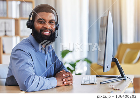 Call center, customer support and portrait of black man at desk with smile for friendly service. Telemarketing, business and happy male consultant with headset for communication, crm help and contact 136400202