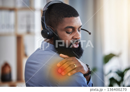 Call center, customer support and black man with shoulder pain, injury and muscle strain at desk. Telemarketing, crm business and male consultant with inflammation for stress, posture and overworked Call center, customer support and black man with shoulder pain, injury and muscle strain at desk. Telemarketing, crm business and male consultant with inflammation for stress, posture and overworked 136400270