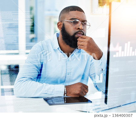 Overlay, thinking or black man trading on computer for investment stocks or future profit growth. Data analysis, crypto website fintech or trader reading news, analytics or financial info online 136400307