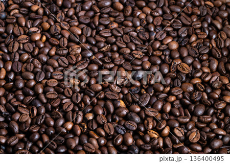 Textured backdrop roasted coffee beans pattern, shallow depth of field and rich brown gradient create versatile background for food and beverage visuals and branding Textured backdrop roasted coffee beans pattern, shallow depth of field and rich brown gradient create versatile background for food and beverage visuals and branding 136400495