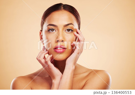 Portrait, mockup and woman with skincare, cosmetics and wellness on a brown studio background. Face, female person and model with luxury, makeup and self care with shine, natural beauty and aesthetic Portrait, mockup and woman with skincare, cosmetics and wellness on a brown studio background. Face, female person and model with luxury, makeup and self care with shine, natural beauty and aesthetic 136400553