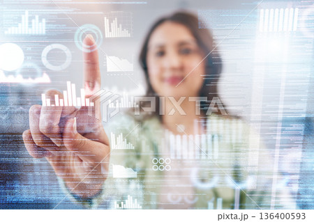 Business woman, press hologram chart and finger for financial data analysis, stats and stock market information. Futuristic trading, 3D ux overlay and graph for research, growth and vision in agency 136400593