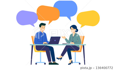 プレゼン資料や会議のビジュアルに最適なノートパソコンを囲み、にこやかに意見を交わすビジネスパーソン プレゼン資料や会議のビジュアルに最適なノートパソコンを囲み、にこやかに意見を交わすビジネスパーソン 136400772