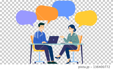 プレゼン資料や会議のビジュアルに最適なノートパソコンを囲み、にこやかに意見を交わすビジネスパーソン プレゼン資料や会議のビジュアルに最適なノートパソコンを囲み、にこやかに意見を交わすビジネスパーソン 136400772