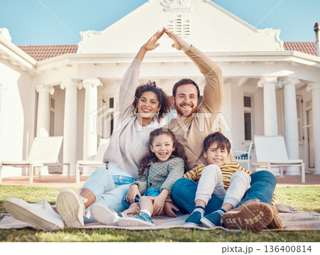 Parents, hands together and protection with children, relax on lawn and happiness in portrait while at home. Safety, security and insurance, people with smile and support, trust and love with care Parents, hands together and protection with children, relax on lawn and happiness in portrait while at home. Safety, security and insurance, people with smile and support, trust and love with care 136400814
