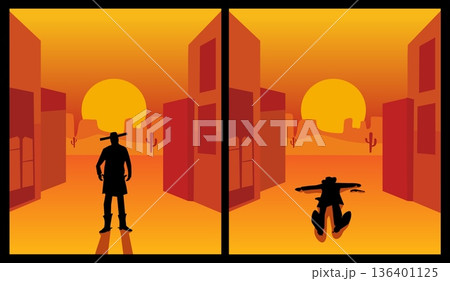 Wild west gunslinger. Background the city and desert. Color flat 136401125