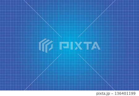 青い円形グラデーションカラーの十字リーダー入りグリッド背景画像　設計図背景風の方眼紙ベクター素材 136401199