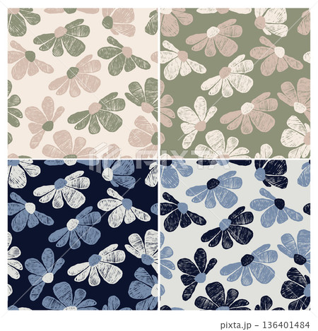 Floral Seamless Pattern Collection. Botanical Backgrounds with Hand Drawn Crayon Hatching Texture in Modern Pastel and Navy Blue Palettes. Isolated Vector Illustration Floral Seamless Pattern Collection. Botanical Backgrounds with Hand Drawn Crayon Hatching Texture in Modern Pastel and Navy Blue Palettes. Isolated Vector Illustration 136401484