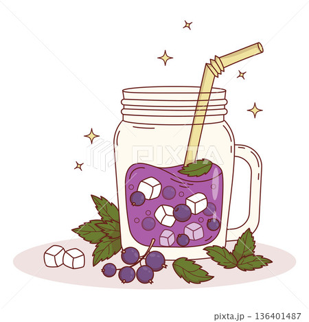 Purple Blackcurrant Drink with Ice Cubes, Berries in clear in mason jar. Summer Refreshing Cocktail with straw and Mint. Vector Illustration Lemonade Healthy Seasonal smoothie 136401487