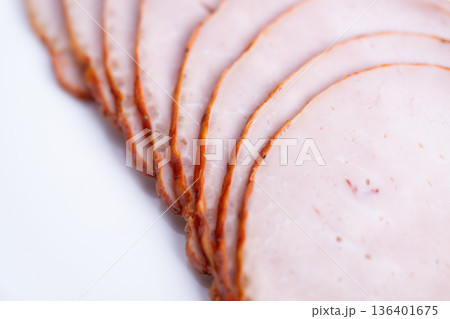Artisan sandwich ingredient showcasing carefully prepared ham slices. Gourmet ham layering highlighting craftsmanship and highquality ingredients for sophisticated sandwiches 136401675