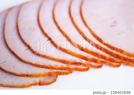 Flowing pattern of poultry slices with gentle illumination. Graceful fanshaped presentation of turkey slices accentuated by refined lighting and spacious design elements Flowing pattern of poultry slices with gentle illumination. Graceful fanshaped presentation of turkey slices accentuated by refined lighting and spacious design elements 136401696