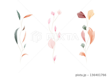 Three delicate watercolor illustrations show stylized plant stems with colorful leaves. Soft pink, green, orange, and brown hues create serene botanical art elements on a clean white background. Three delicate watercolor illustrations show stylized plant stems with colorful leaves. Soft pink, green, orange, and brown hues create serene botanical art elements on a clean white background. 136401766