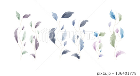 Three delicate watercolor leaf arrangements stand vertically on a plain white background. Each graceful vine showcases soft pastel leaves in calming shades of green, blue, and purple. 136401779
